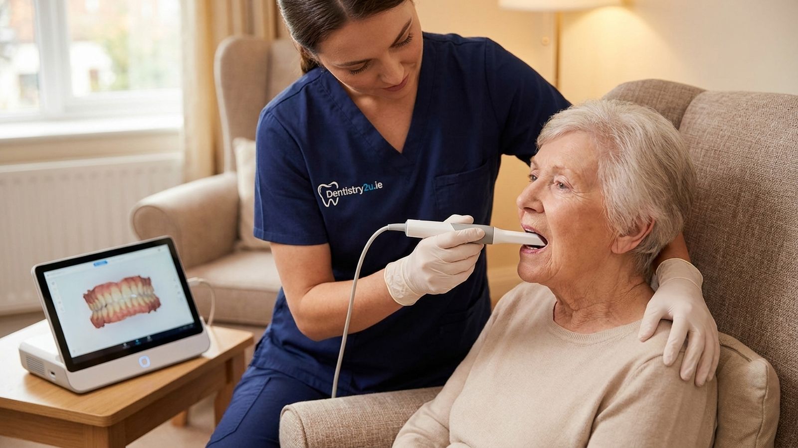 A dentist examining an older man in his armchair while a dental nurse sets up portable equipment on a side table