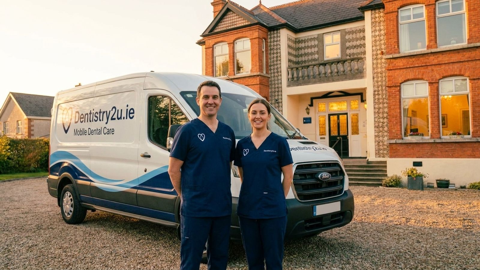 A white Dentistry2U van with its rear doors open on a narrow street of terraced houses at dusk