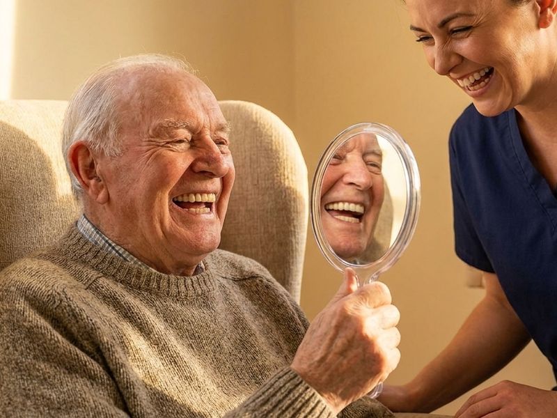 An older man laughing as he looks at his new dentures in a hand mirror