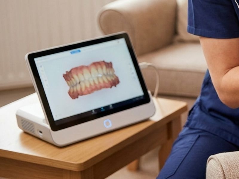 A digital impression of a full set of teeth on a tablet beside the patient's armchair