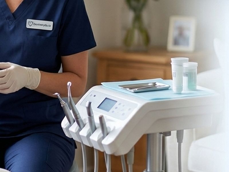 The portable dental unit on its stand in a sitting room, handpieces in the holder