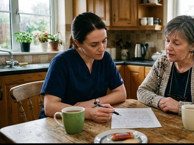 A dentist going through a written treatment plan with an older woman at her kitchen table