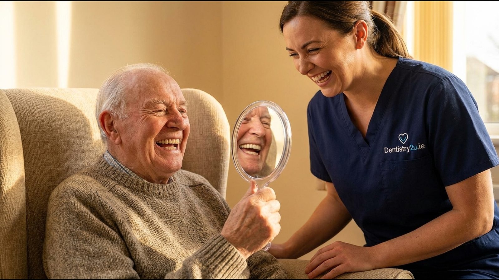 A dentist fitting a denture for an older woman in a patterned armchair beside a tiled hearth