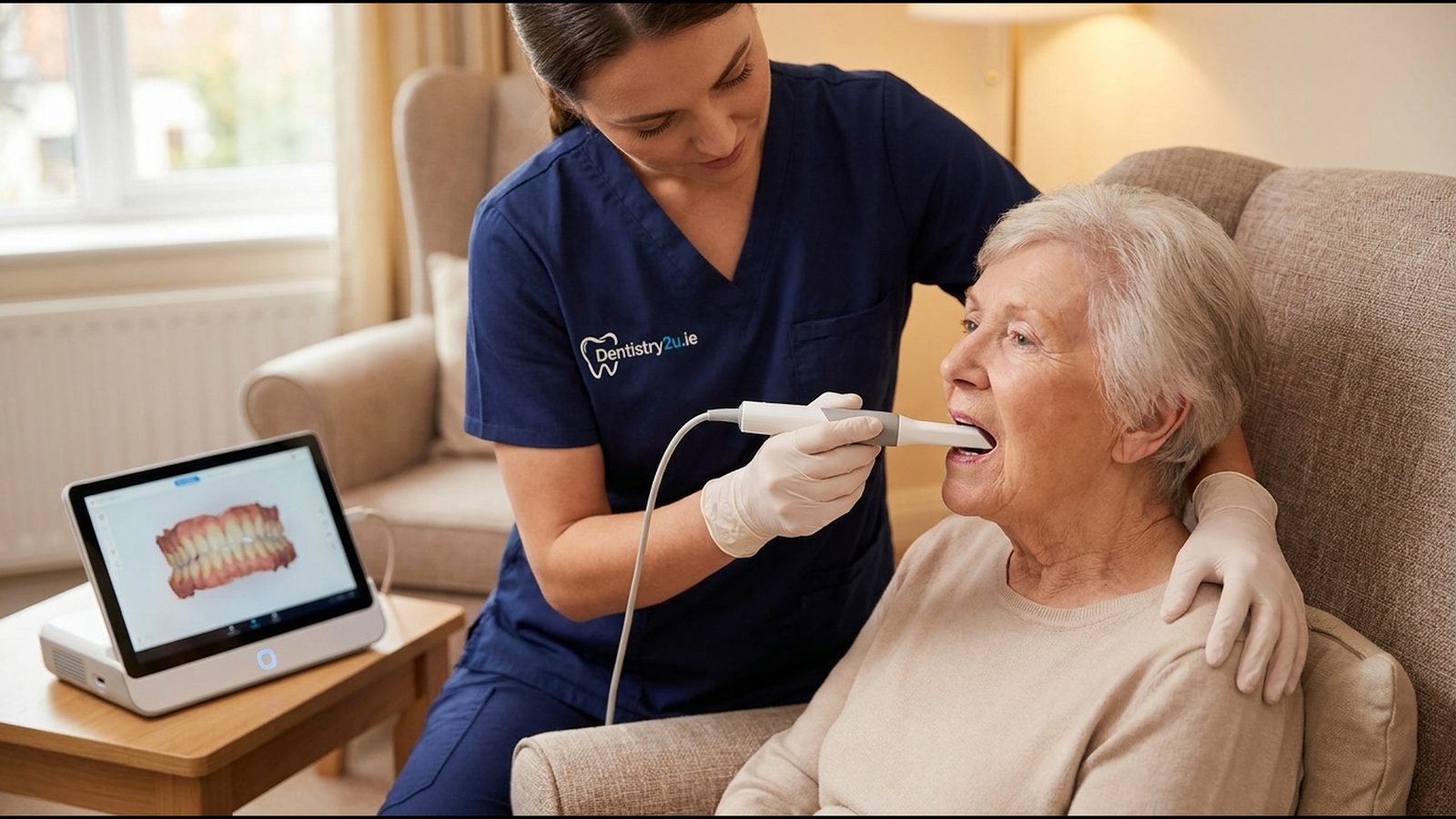 A dentist examining an older man in his own armchair while a dental nurse sets up the portable unit beside him