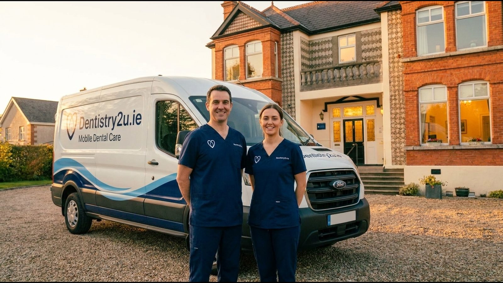 Two clinicians carrying portable dental cases from a white van towards a bungalow on a suburban Irish road