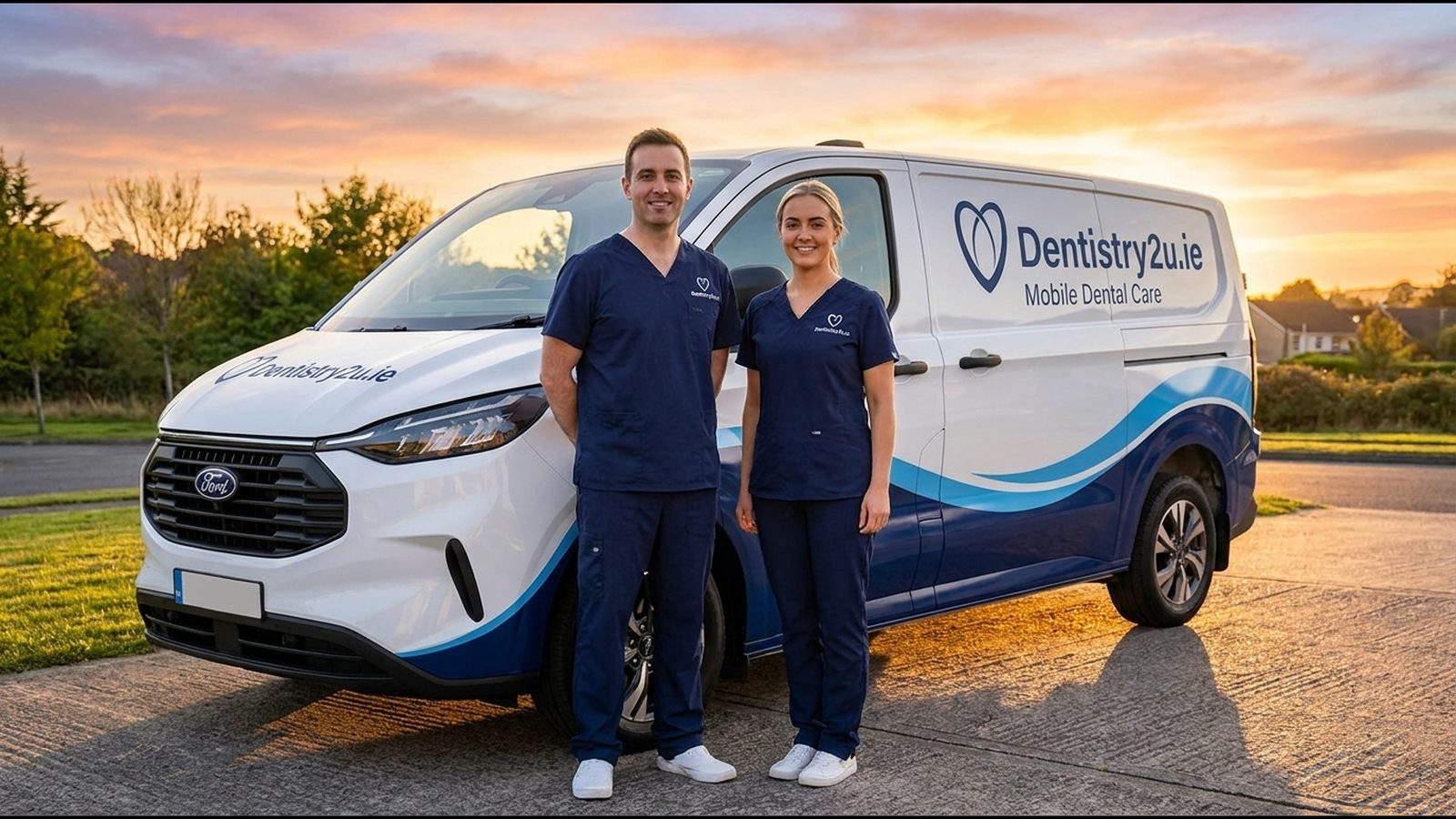 Two Dentistry2U clinicians in navy scrubs unloading portable dental equipment from a white van outside a terraced house