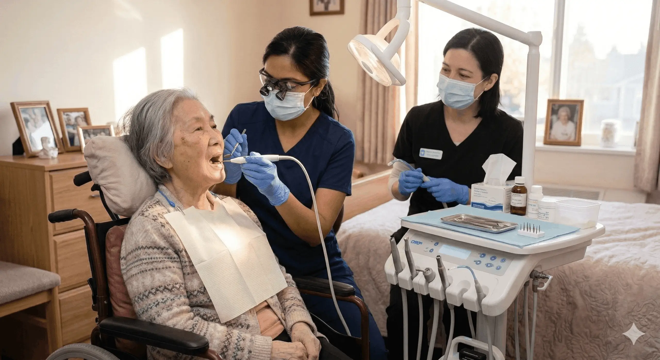 Two dental professionals in scrubs and masks treating an elderly woman in a wheelchair using mobile dental equipment in a residential care setting.
