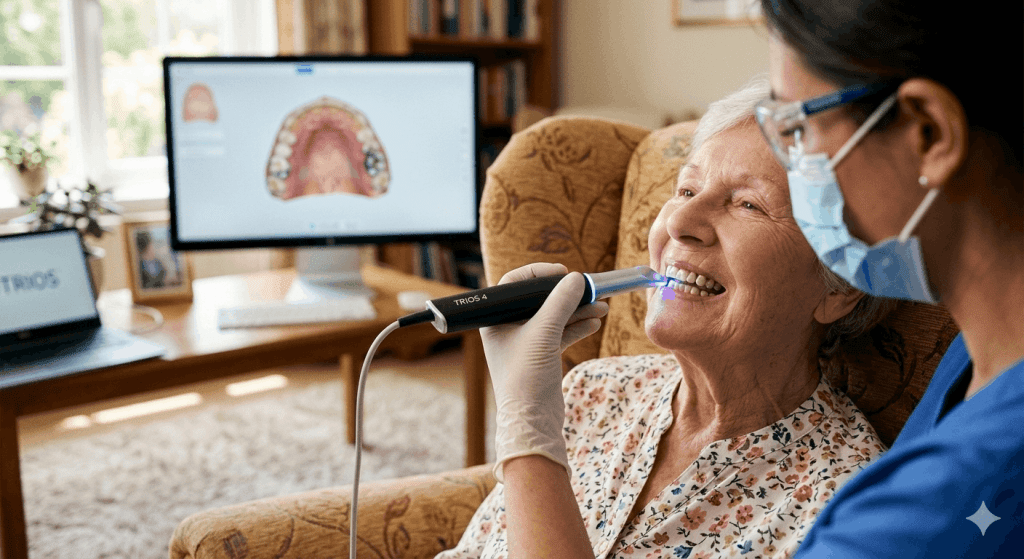 A dental professional using a TRIOS 4 intraoral scanner to perform a digital scan on an elderly woman, with a 3D dental model displayed on a monitor.