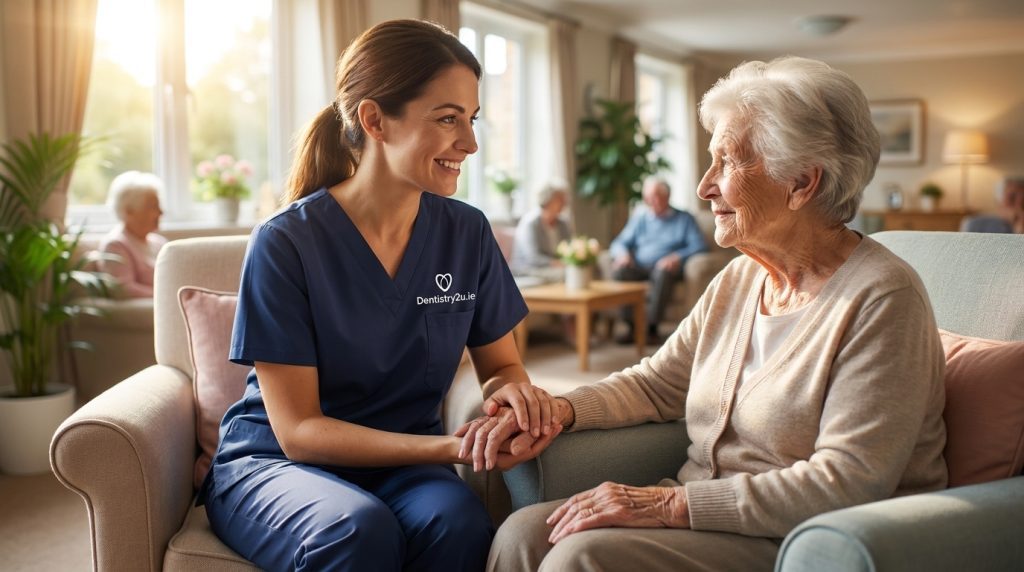 A Dentistry2u professional in navy scrubs smiling and holding a senior patient's hand in a sunlit, comfortable residential living room.