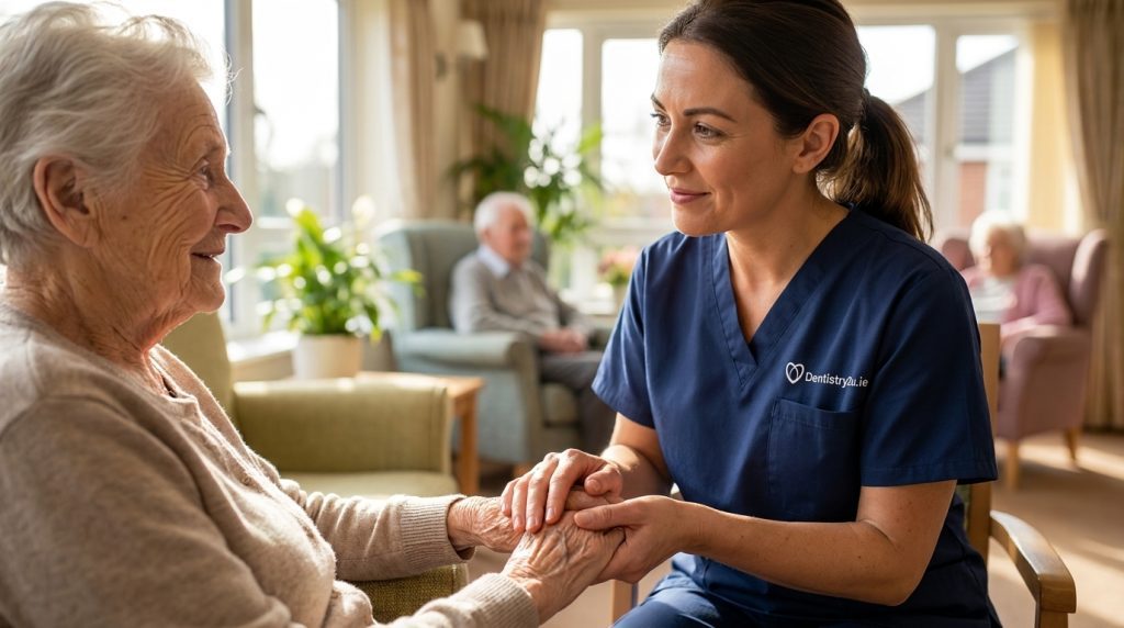A Dentistry2u dental professional offering reassurance and holding the hands of an elderly woman in a bright, shared residential living area.
