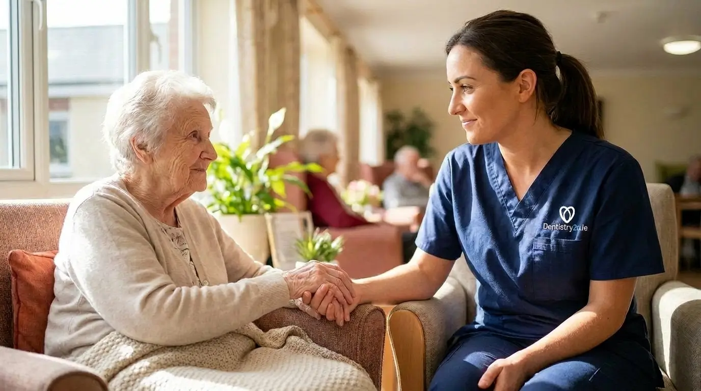 A friendly dental professional in a navy Dentistry2u uniform holding the hand of an elderly woman in a bright, comfortable living room setting.