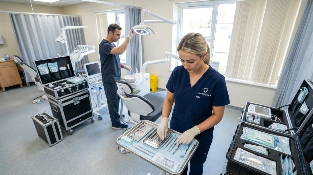 Two dental professionals in blue scrubs setting up portable medical equipment and sterile instruments inside a patient's home for a mobile dentistry visit.