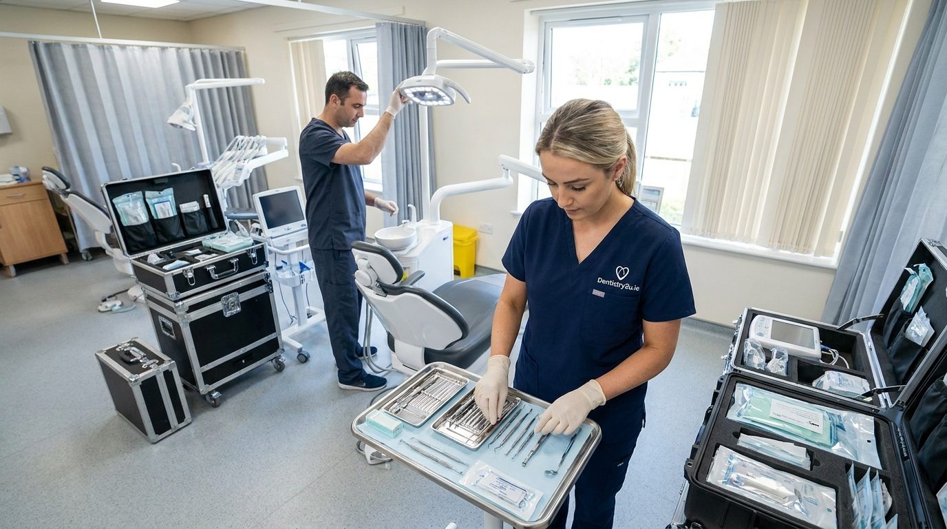 Two dental professionals in blue scrubs setting up portable medical equipment and sterile instruments inside a patient's home for a mobile dentistry visit.