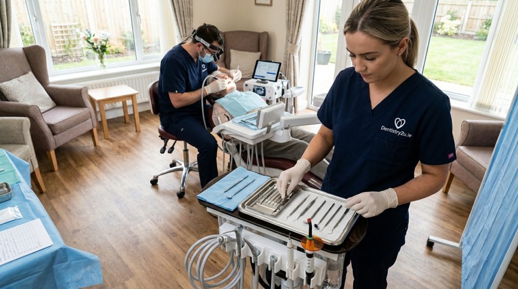 A dental professional in navy blue scrubs providing a gentle checkup to an elderly patient in their own home, showcasing the compassionate side of mobile dentistry.