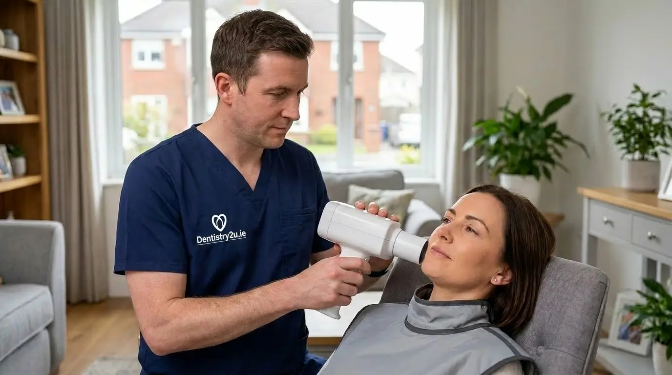 A male Dentistry2u professional in navy scrubs and safety glasses using a NOMAD Pro portable X-ray system to perform a dental scan on a patient in a residential living room.