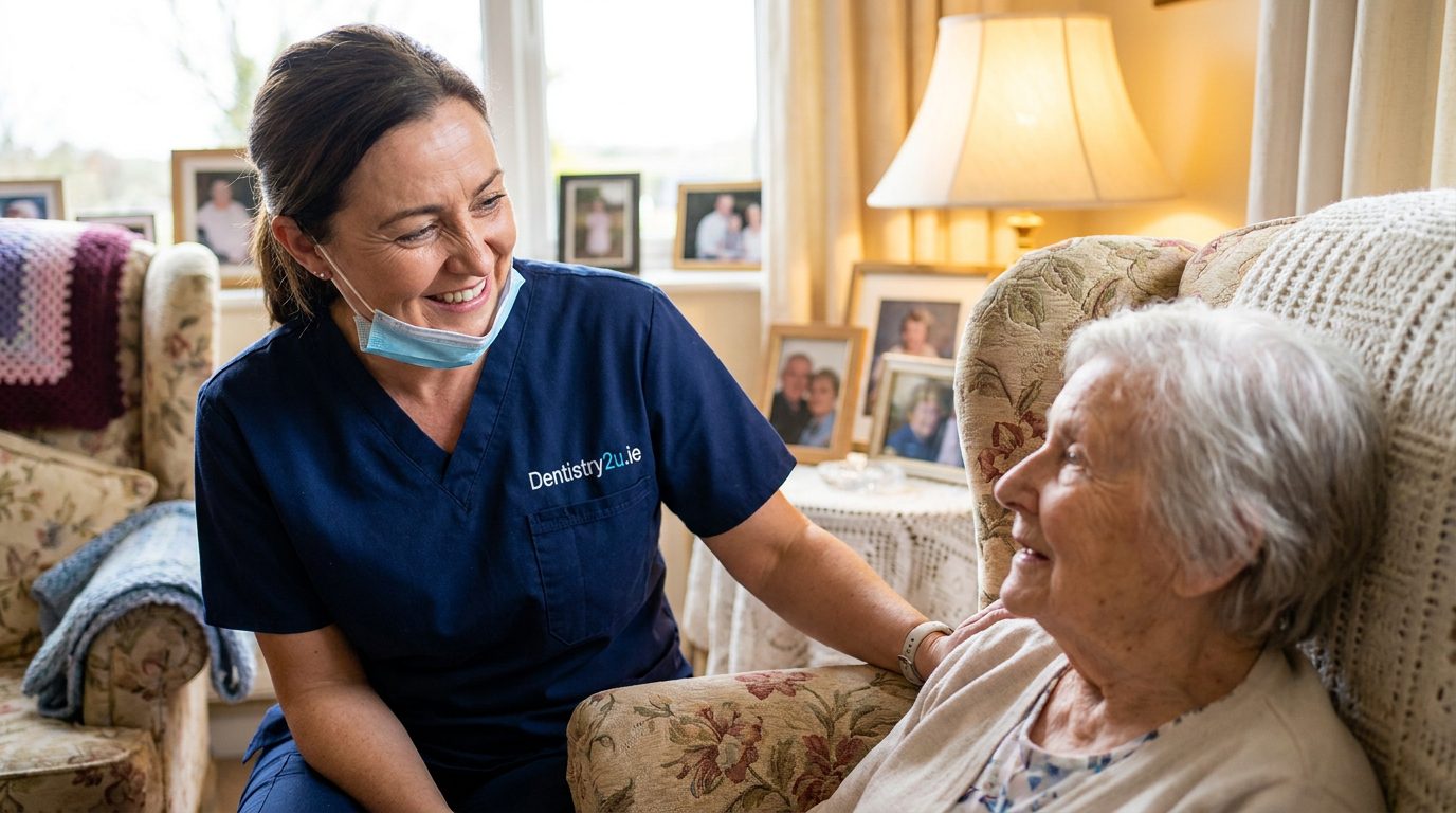 A smiling female dental professional in navy scrubs with Dentistry2u.ie branding providing home-based care to an elderly woman in a living room.