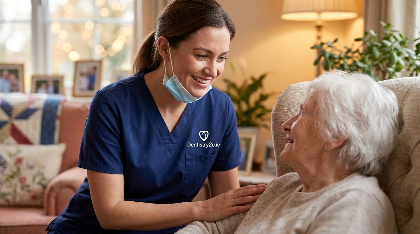 A Dentistry2u.ie dental practitioner in navy scrubs smiling and placing a hand on an elderly woman's shoulder during a home visit.