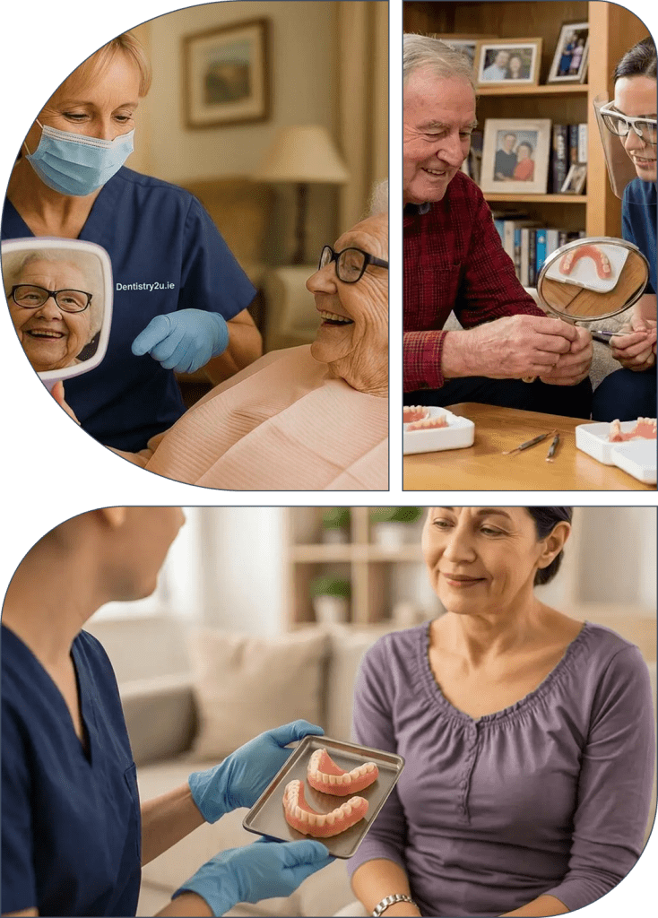 A collage of three images showcasing Dentistry2U's mobile dental services: a female dentist showing an elderly woman her new smile in a mirror, a senior man happily holding a set of dentures, and a dental professional presenting custom dentures to a patient at home.